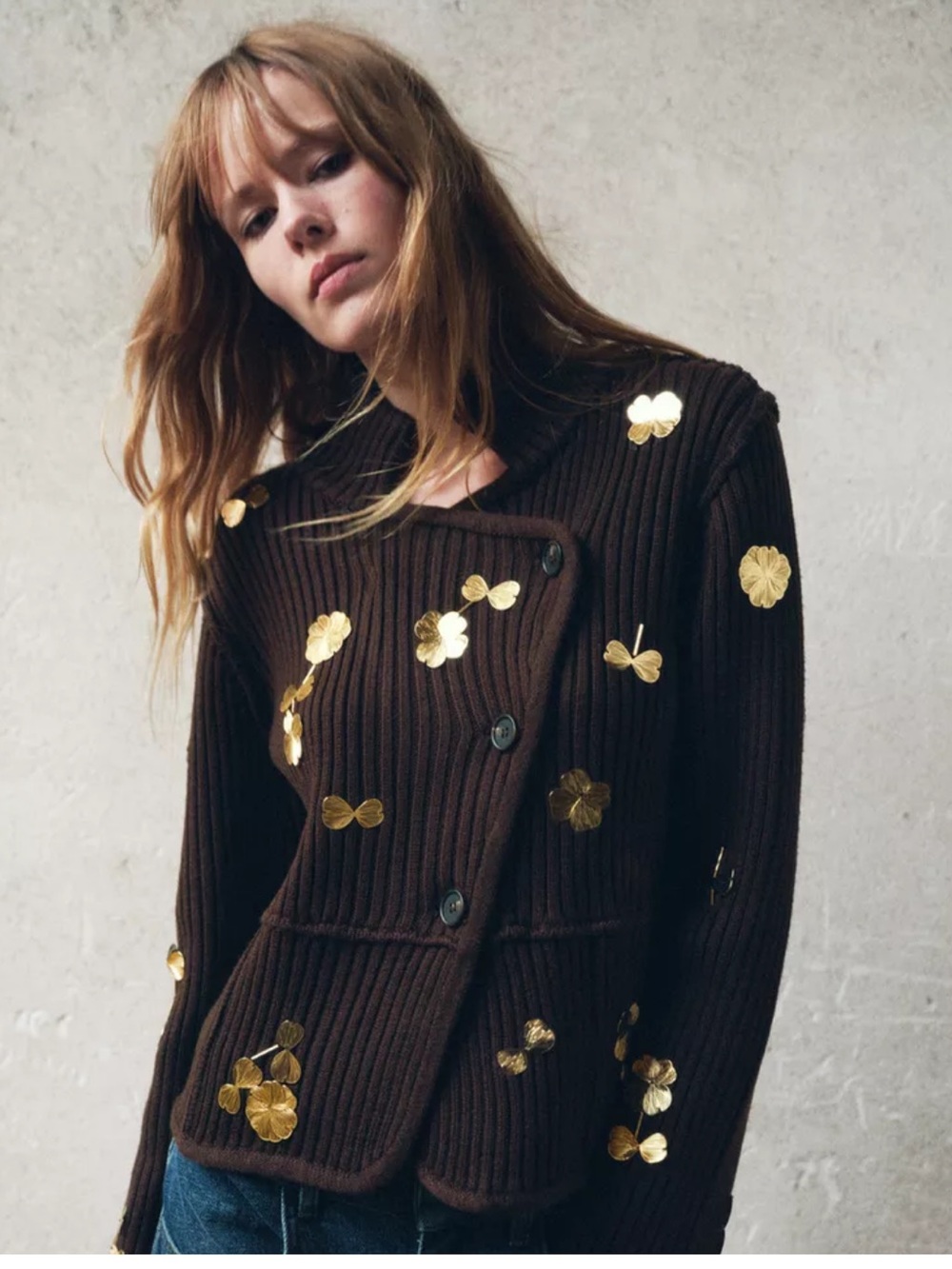 Zara Metallic Floral Appliqué Brown Cardigan Sweater Large